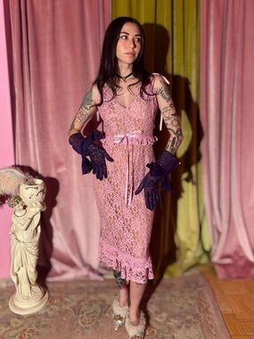 Contemporary 2010s Majorelle Pink Floral Lace Slip Dress, Ribbon Ties, Size S